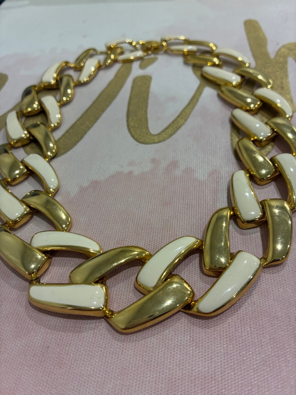 Gold and Cream White Enamel Link Chain Necklace - Women Jewelry